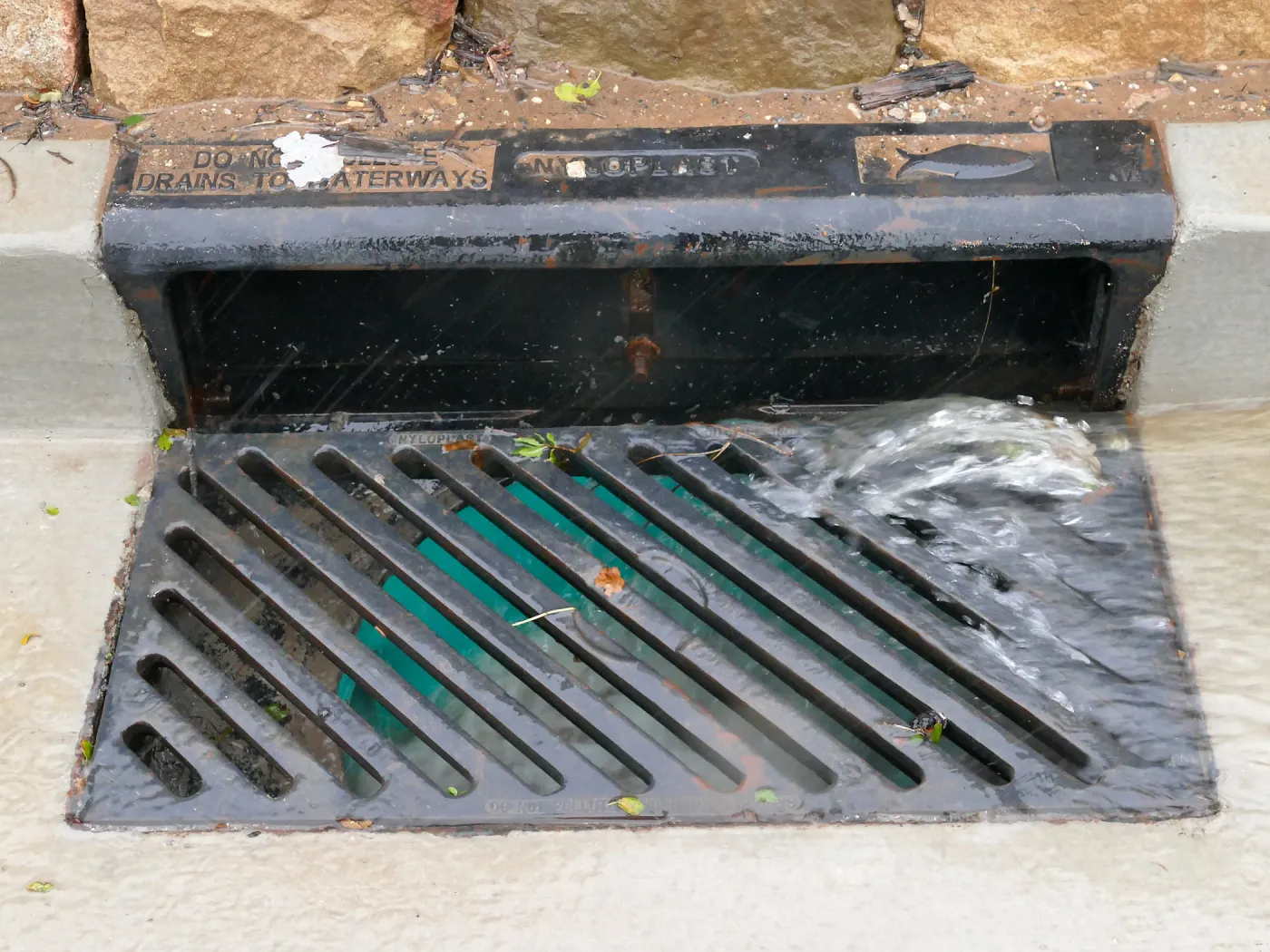 Rainwater entering a storm drain leading to the Pritzlaff Conservation Center bioswale