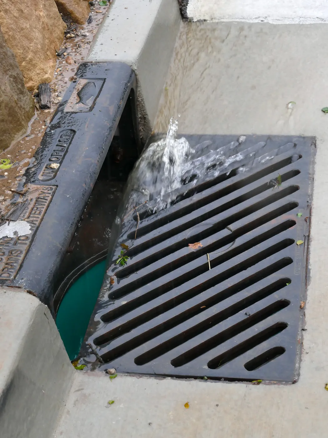Rainwater entering a storm drain leading to the Pritzlaff Conservation Center bioswale