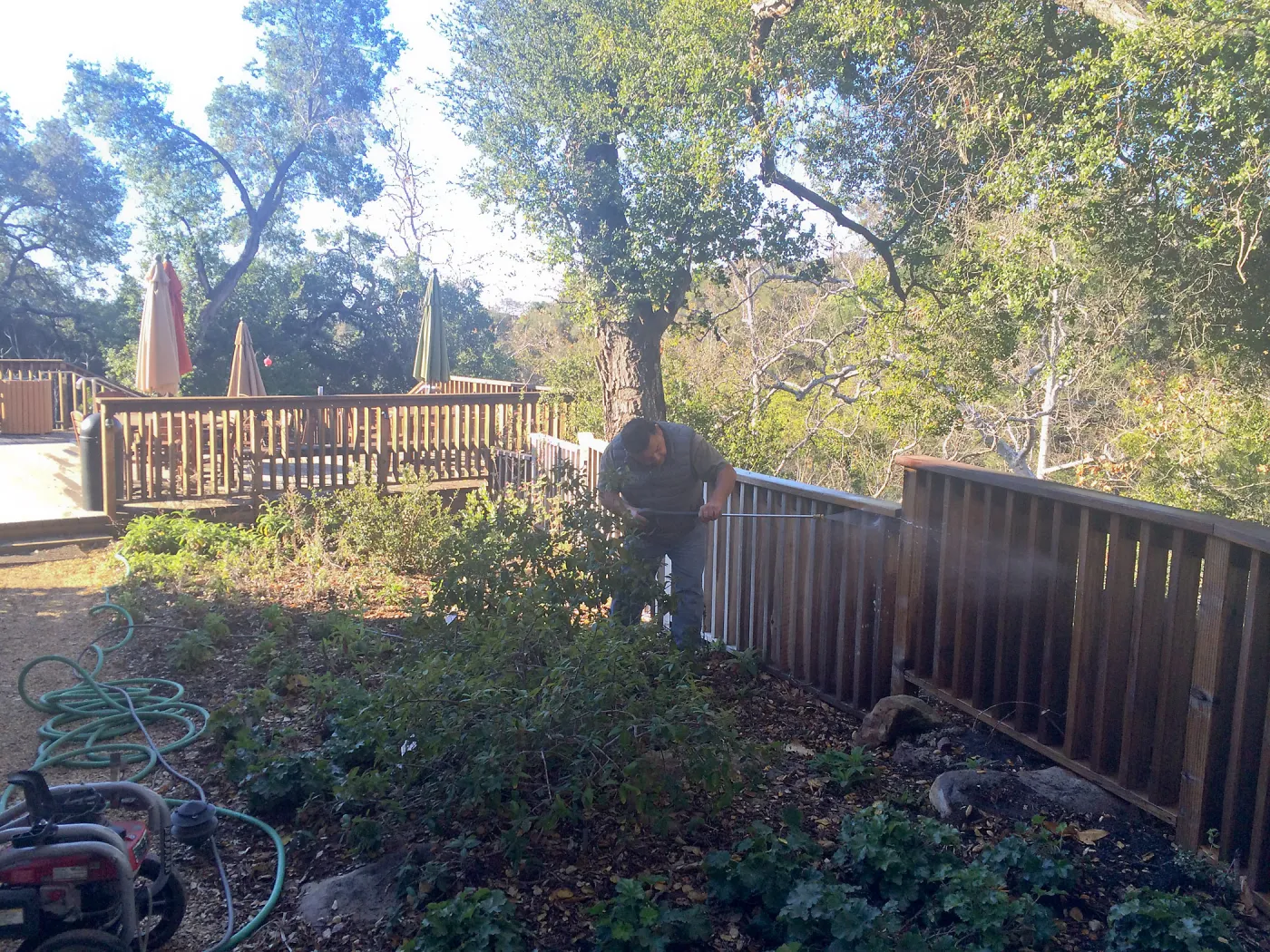 Jim Lechuga pressure washing fence at Water Wise Home Garden