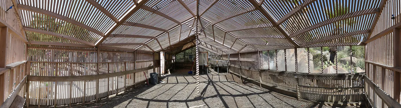 Garden Growers Lath House before start of repairs. Interior panorama from center of east wall