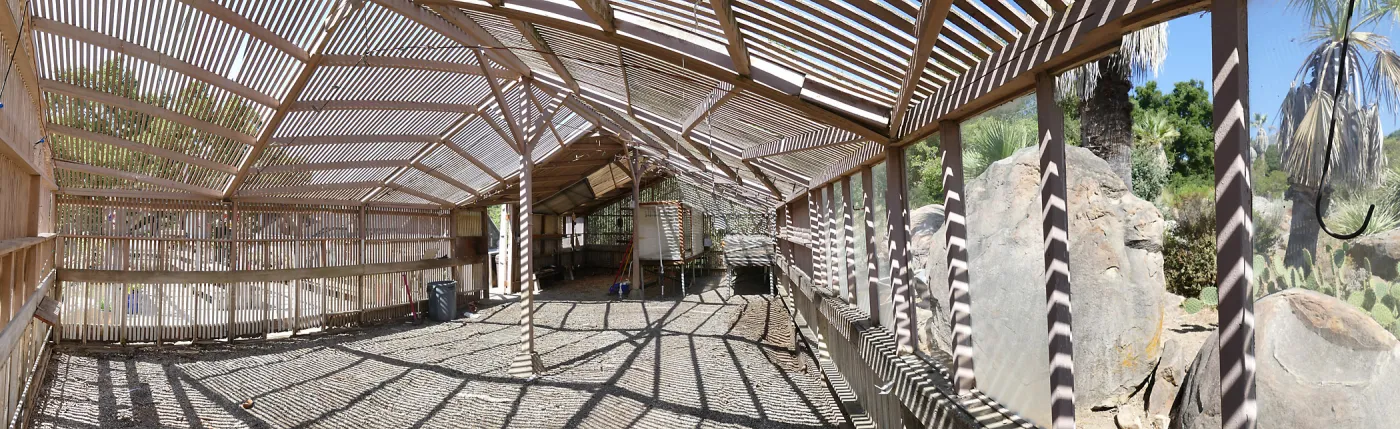 Garden Growers Lath House before start of repairs. Panarama of interior from northeast corner.