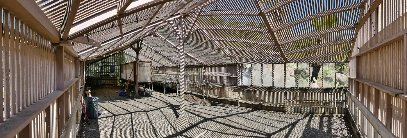 Garden Growers Lath House before start of repairs. Panarama of interior from southeast corner.