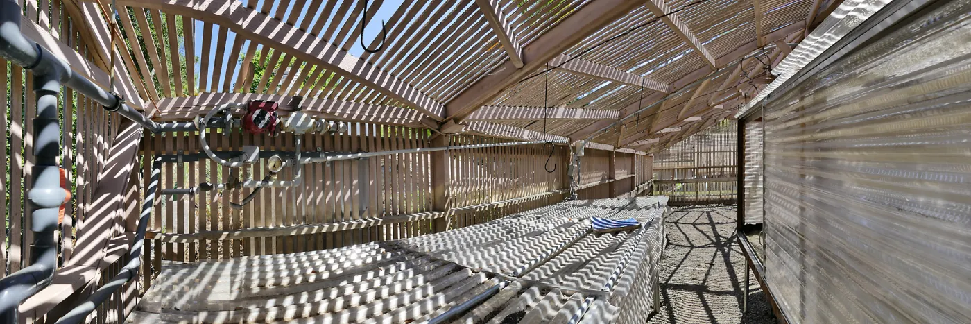 Garden Growers Lath House before start of repairs. Panorama of north wall from west wall.