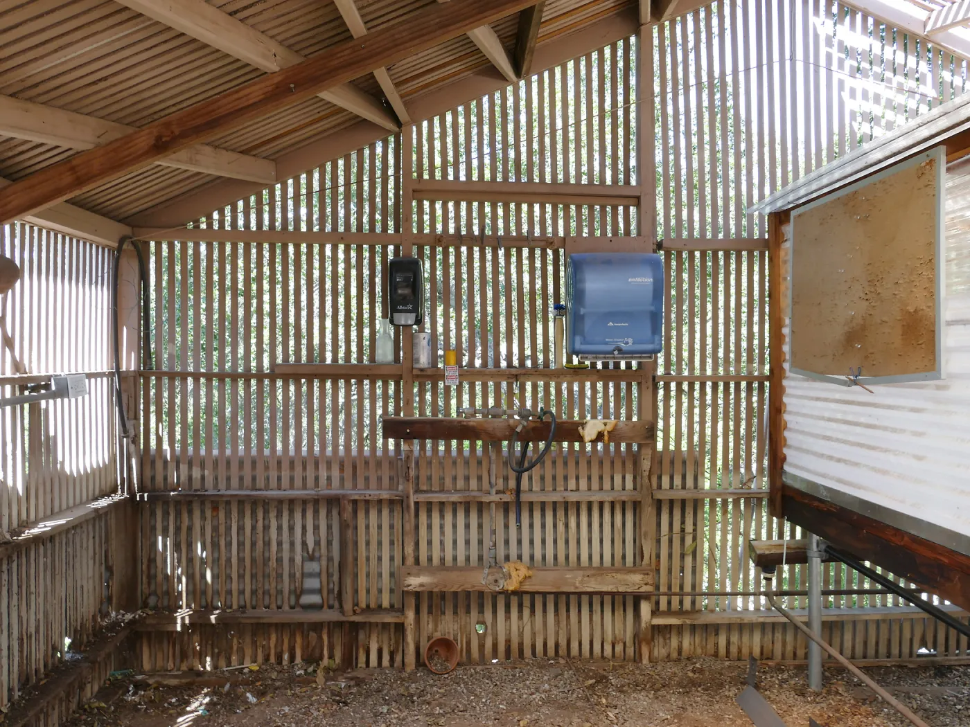 Garden Growers Lath House before start of repairs. Interior, west wall.