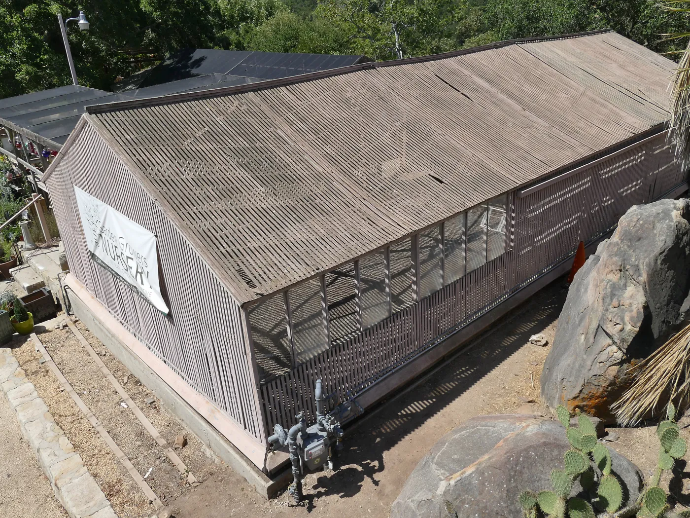 Garden Growers Lath House before start of repairs. Exterior looking southwest.