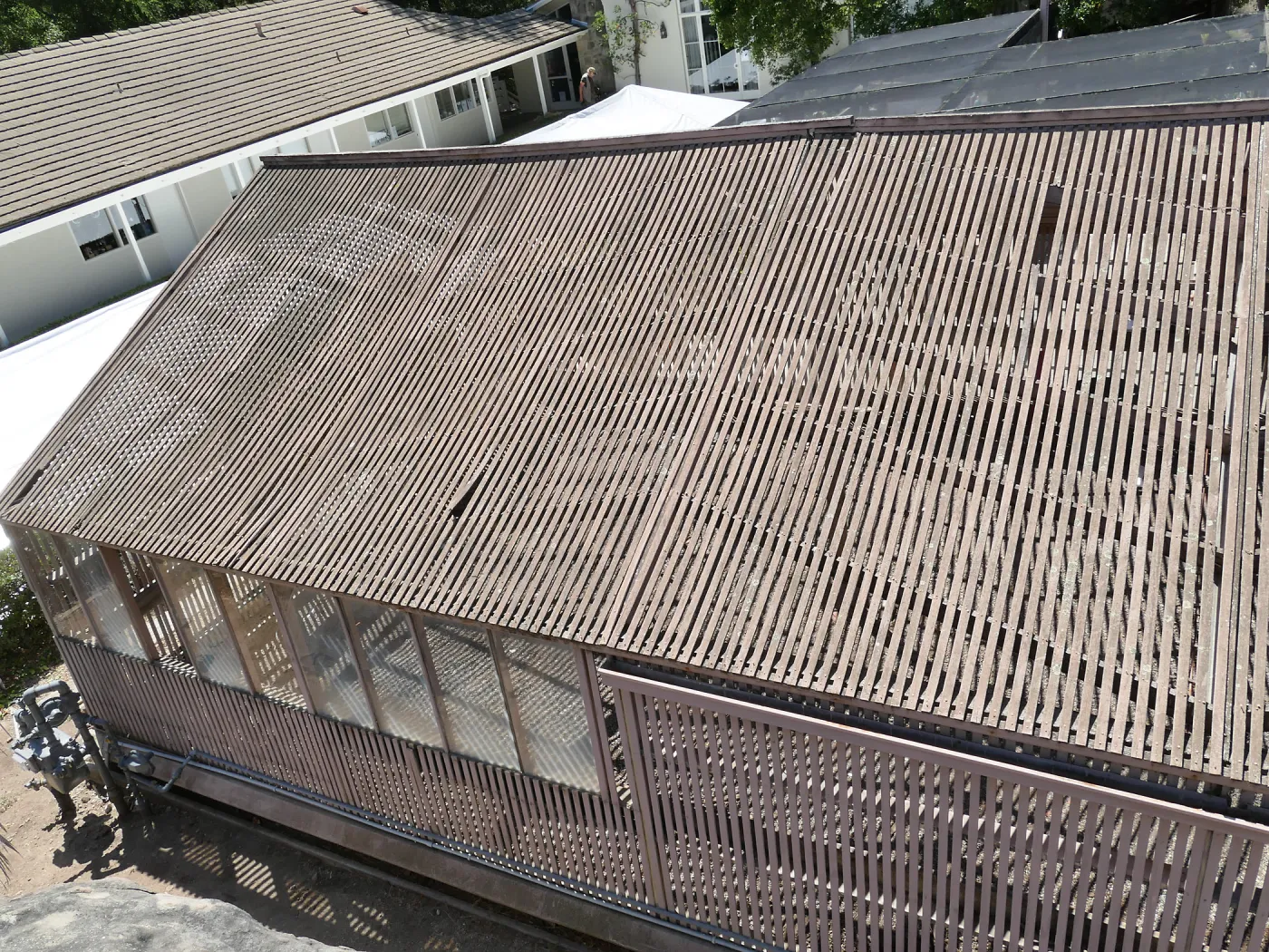 Garden Growers Lath House before start of repairs. Northeast side of roof.