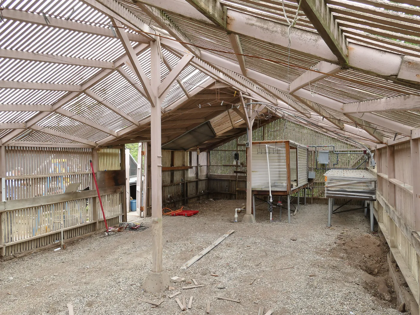 Garden Growers Lath House at start of repairs. Interior looking southwest from northeast corner.