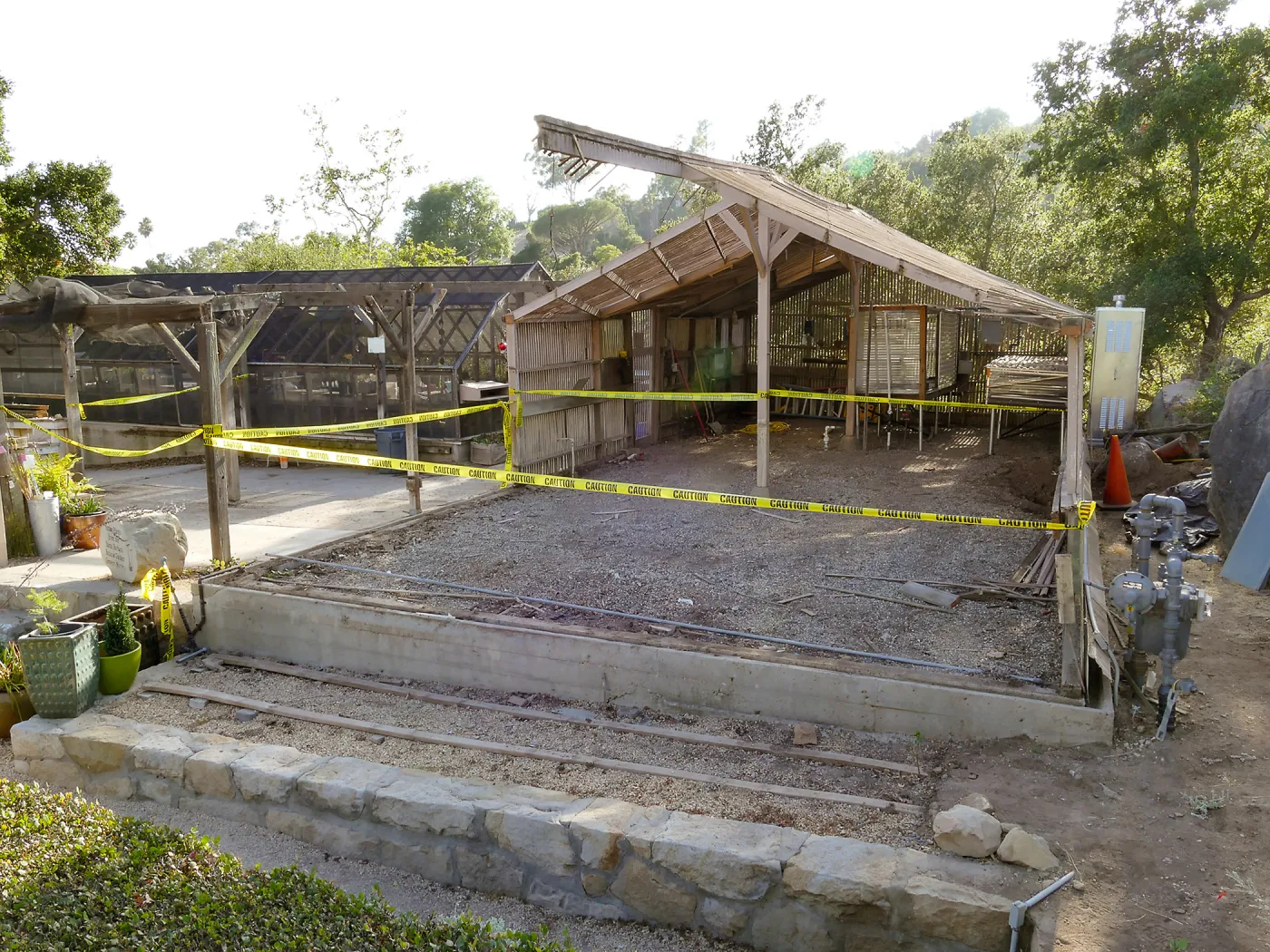 Garden Growers Lath House during repairs. looking southwest from Courtyard