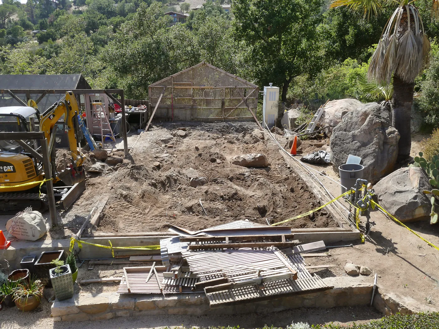 Garden Growers Lath House during repairs, looking west from Courtyard