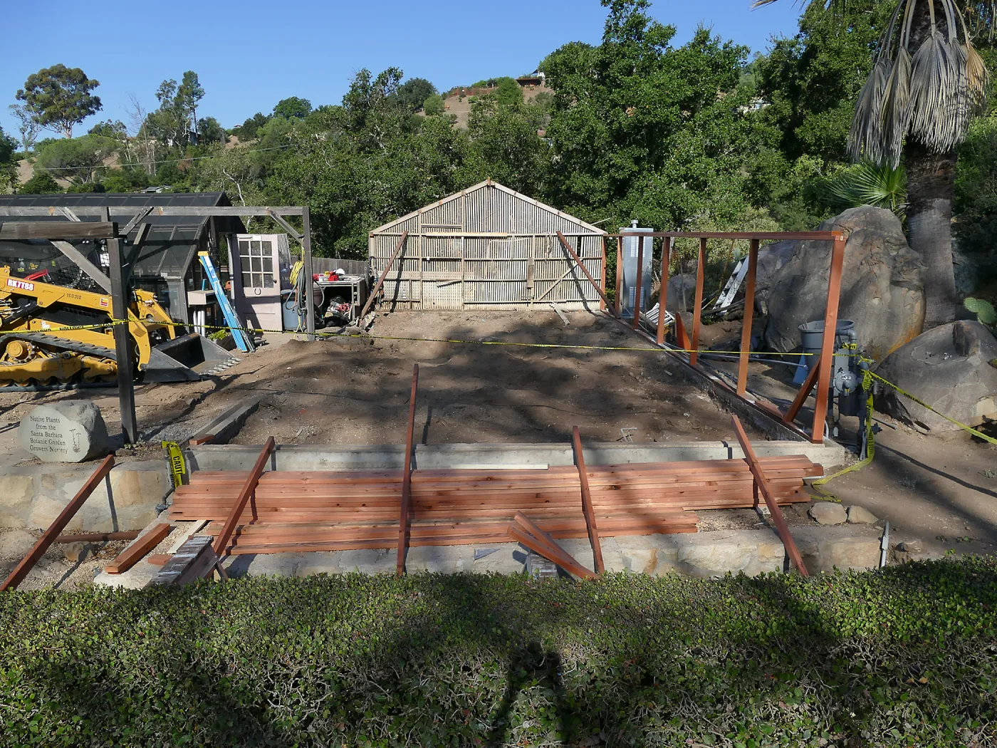 Garden Growers Lath House during repairs, looking west from Courtyard