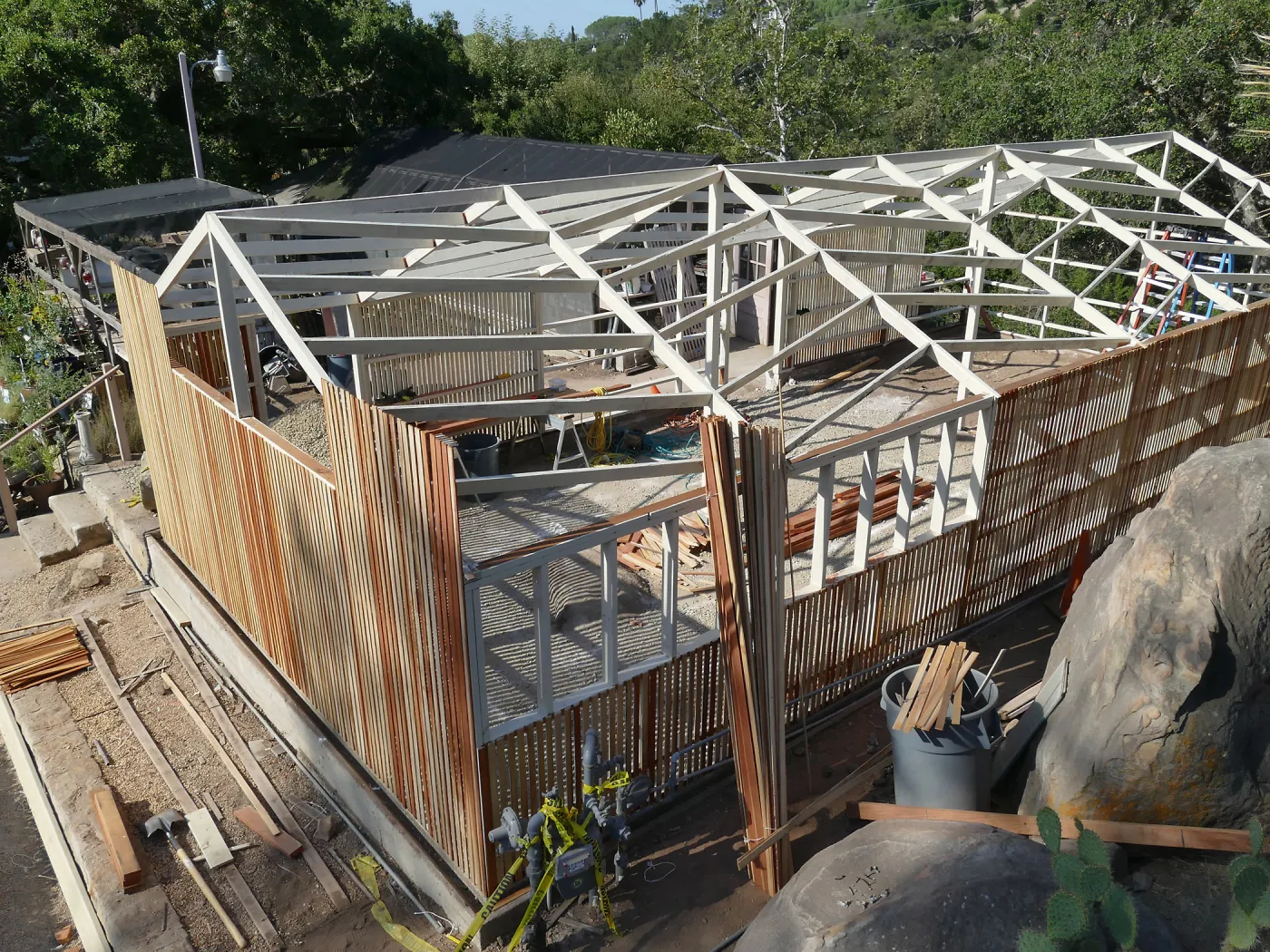Garden Growers Lath House during repairs, looking southwest