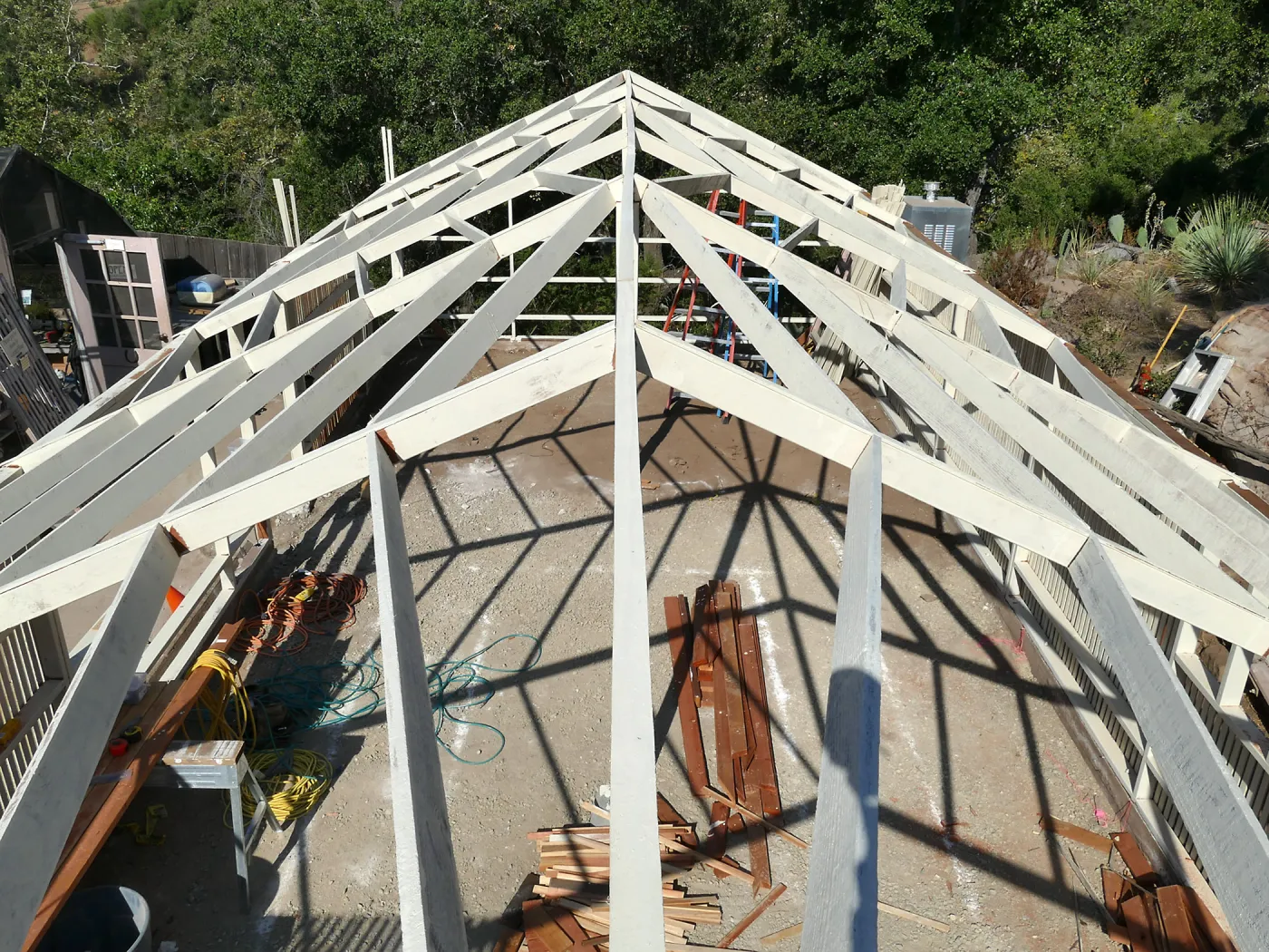 Garden Growers Lath House during repairs, looking west along roof peak