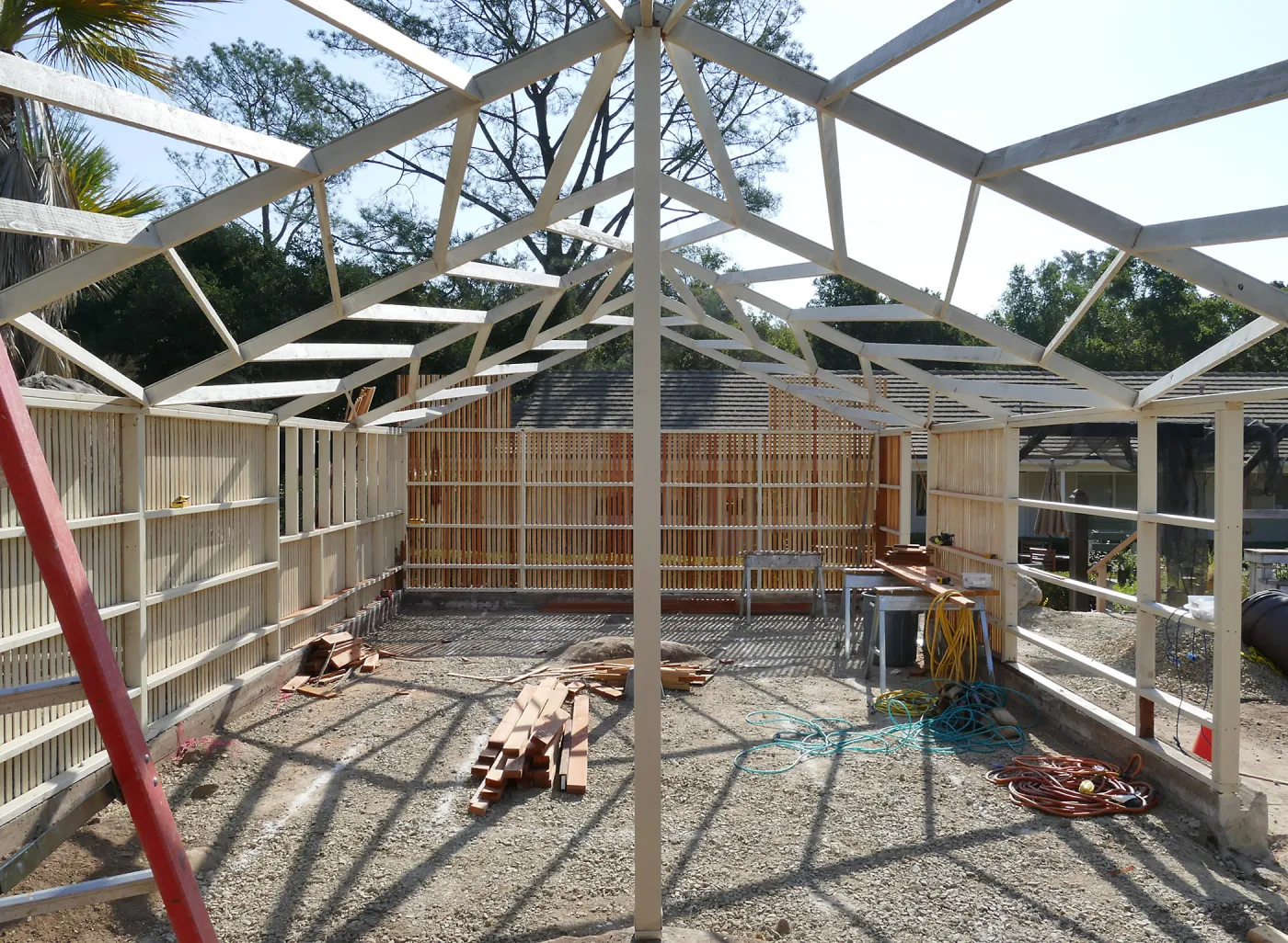 Garden Growers Lath House during repairs, looking east across interior