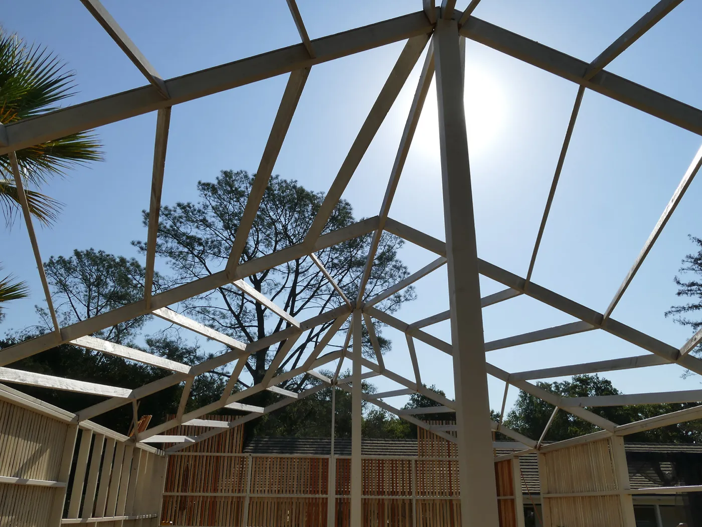 Garden Growers Lath House during repairs, roof structure looking east across interior
