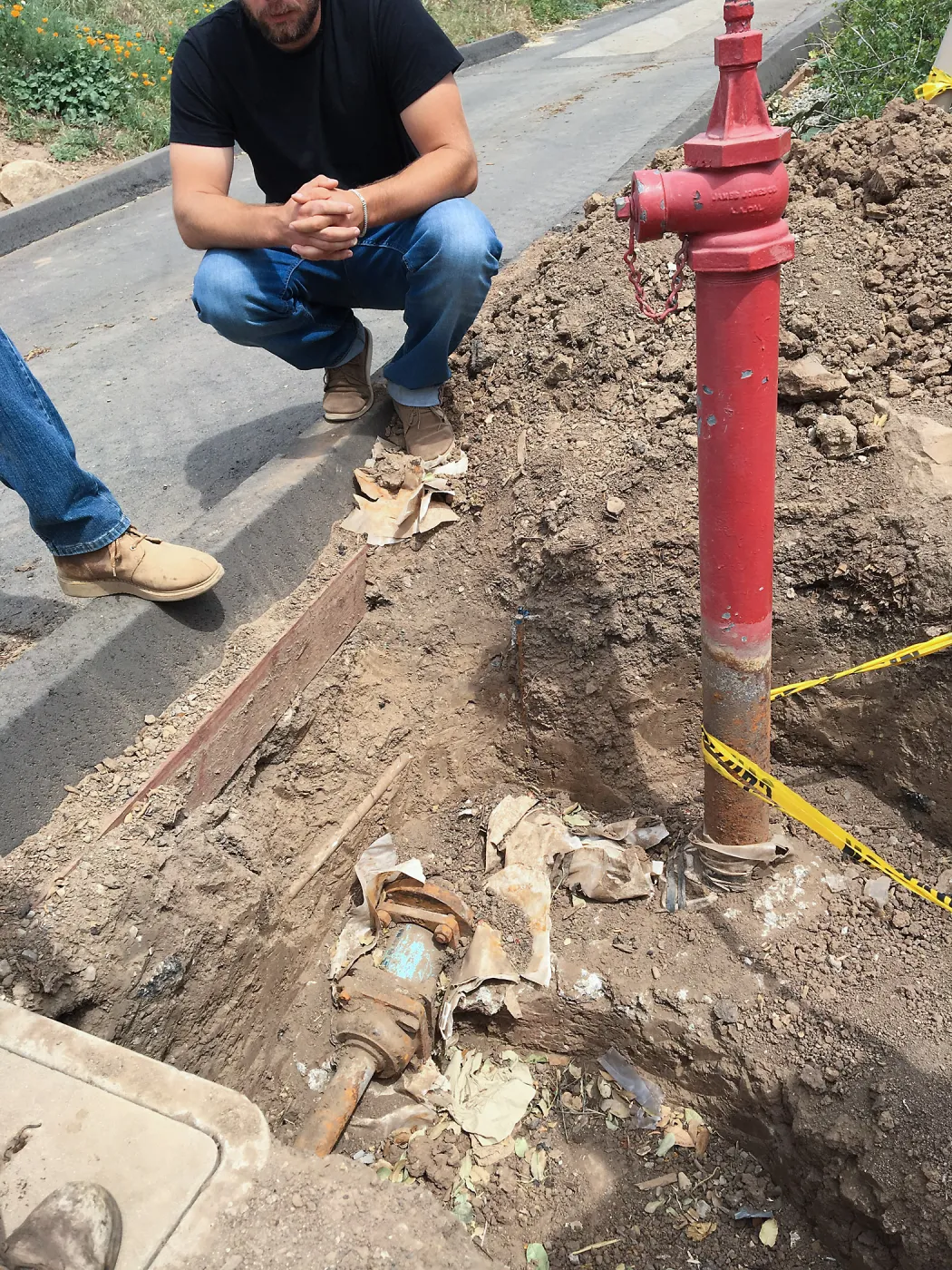 Fire Hydrant at corner of drive to upper parking and Hansen site