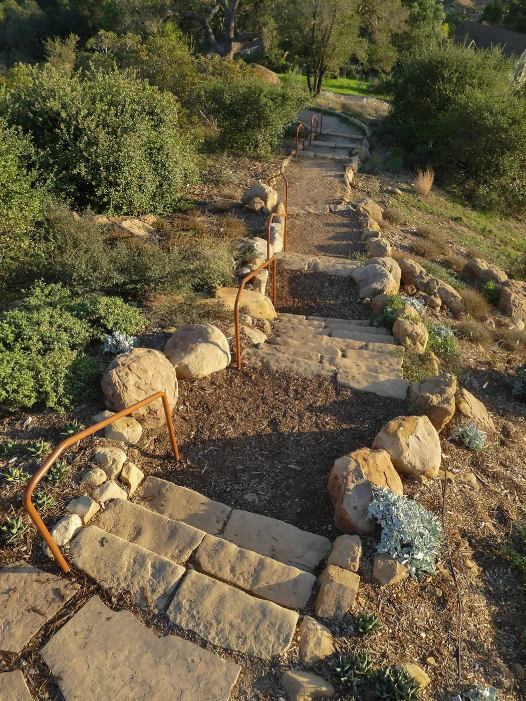 New railing at Island View Garden south steps, view from top