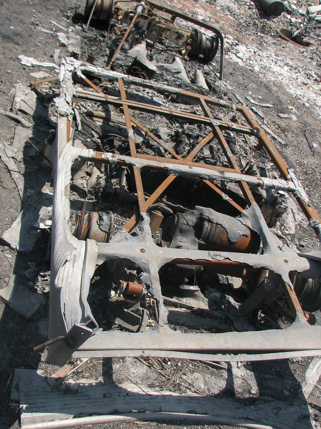 Burned Garden equipment at Gane House after Jesusita Fire