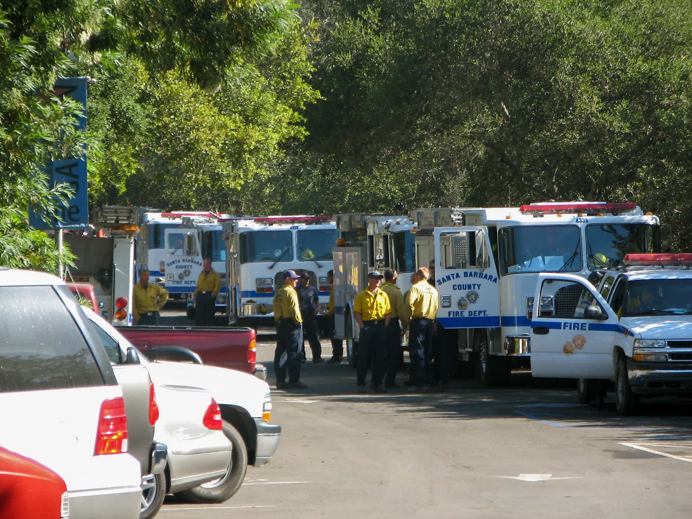 Fire crews in parking lot after Jesusita Fire