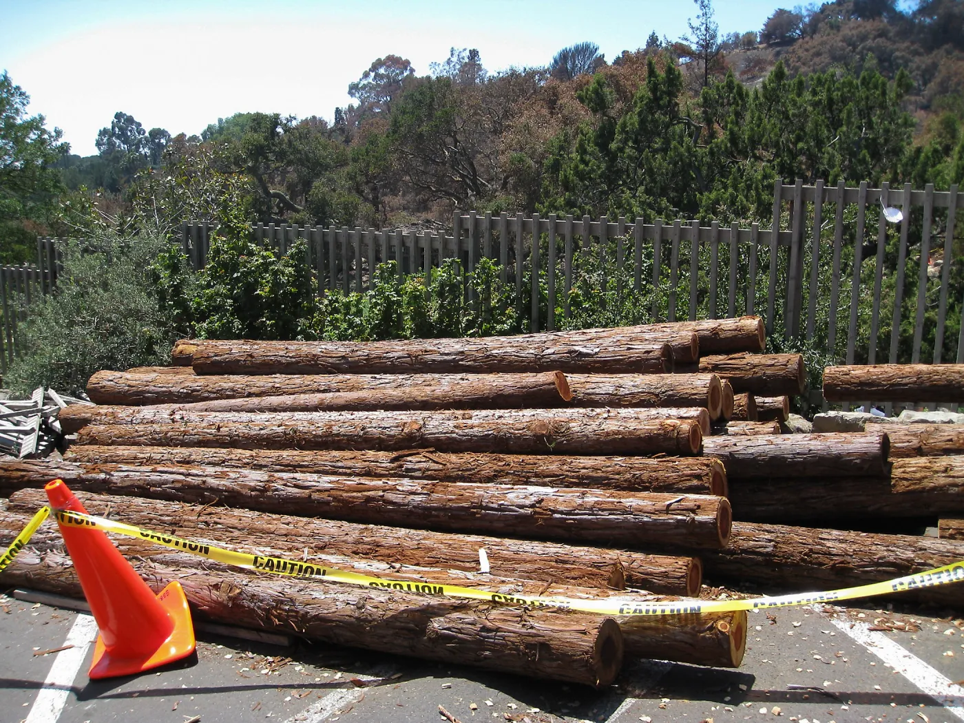 Construction of Herb Parker's â€˜Haven' labyrinth, redwood logs from Restoration Forest Project in main parking lot