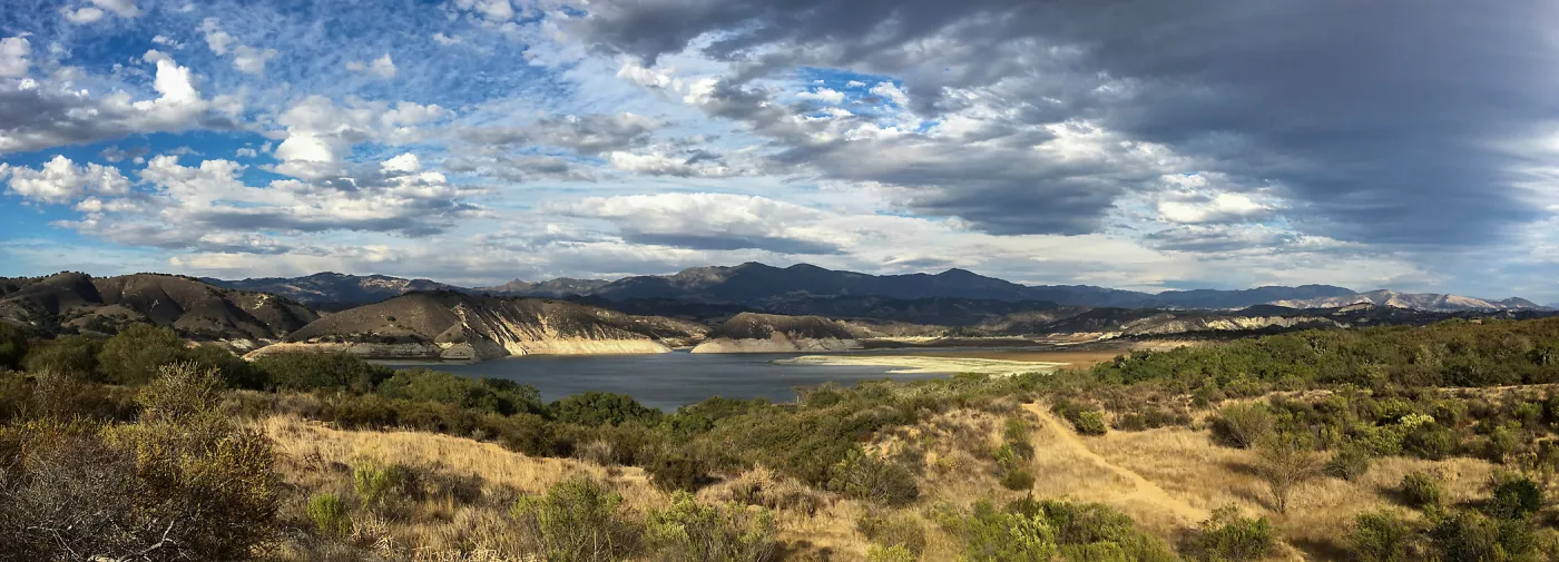 Lake Cachuma near dam showing extremely low water level
