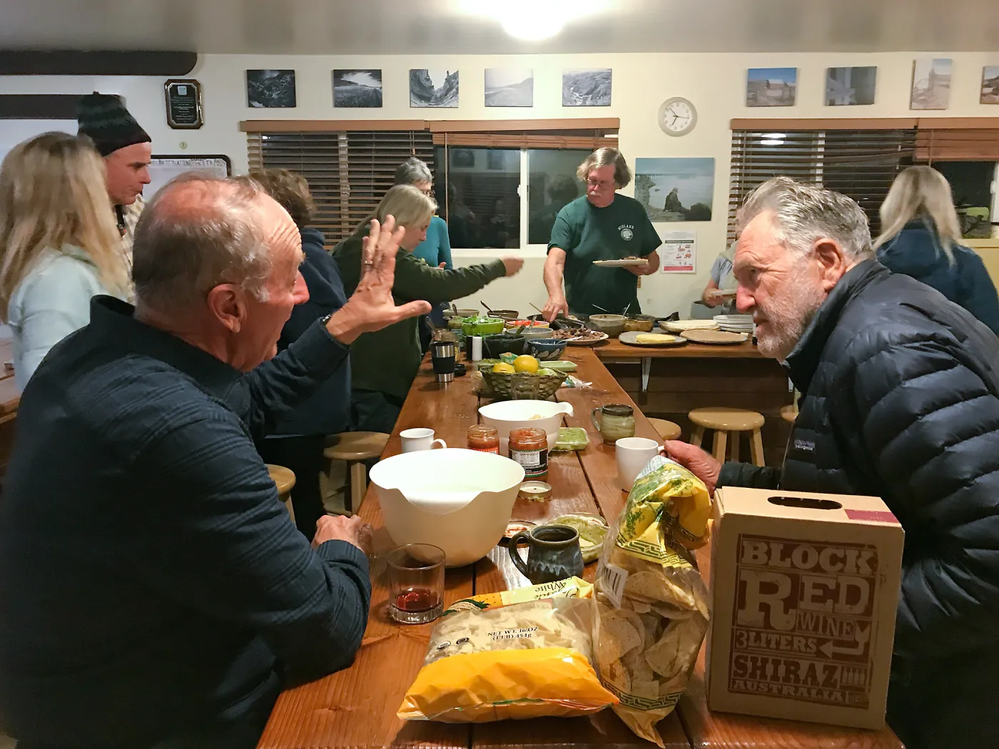 Dennis Houghton and John Kuizenga in foreground, Shared dinner, Santa Rosa Island Research Station Lodge Kitchen