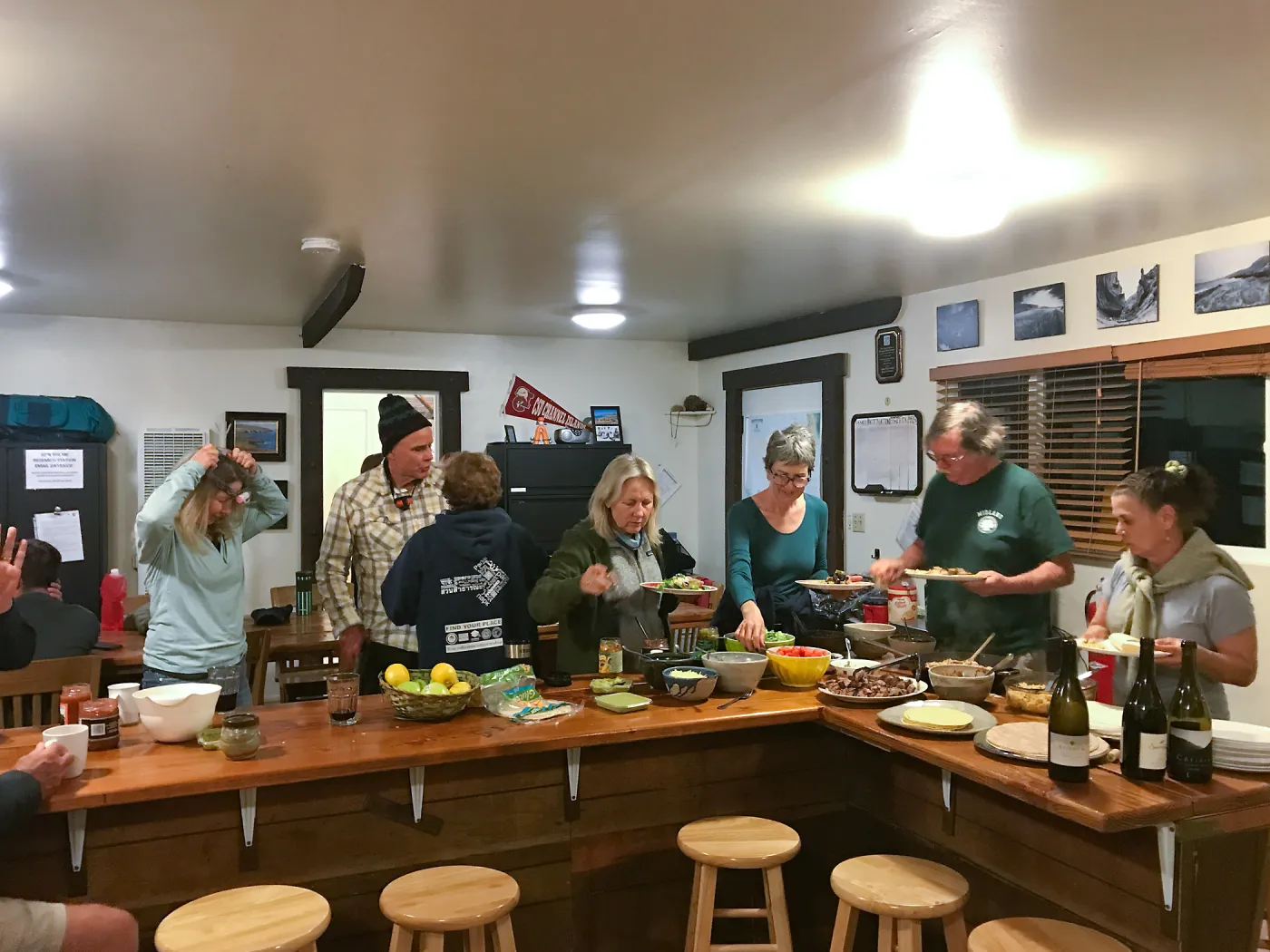 Shared dinner, Santa Rosa Island Research Station Lodge Kitchen