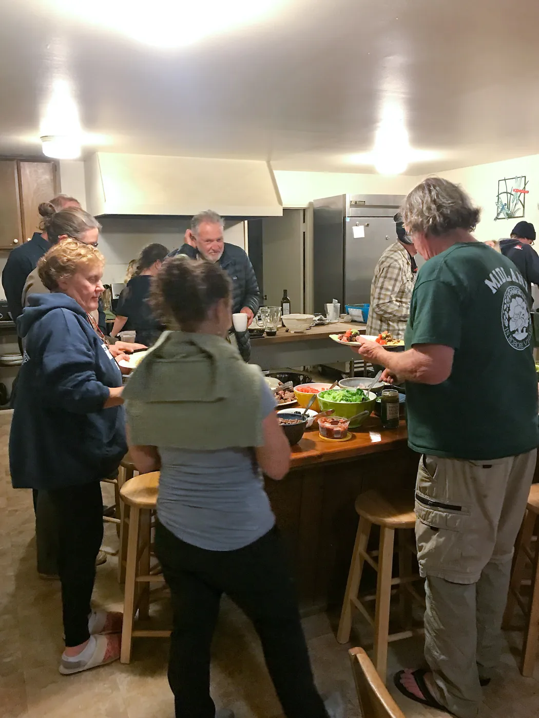 Shared dinner, Santa Rosa Island Research Station Lodge Kitchen