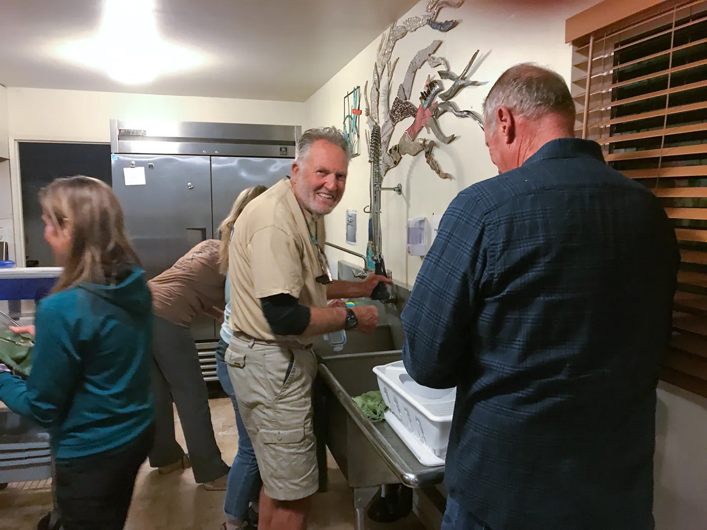 Shared dinner clean up, Santa Rosa Island Research Station Lodge Kitchen