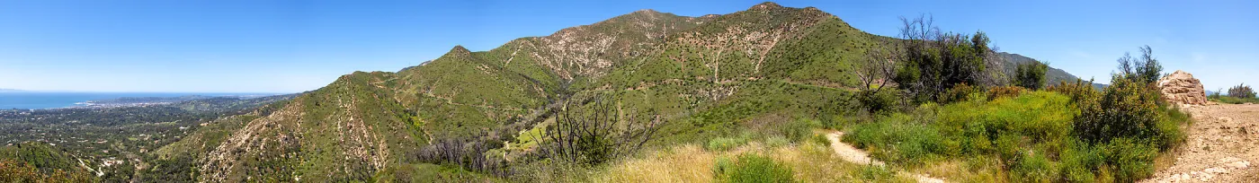 Panorama of trails and hills, San Ysidro Trail/Edison Catways, Santa Barbara, California, Thomas Fire Survey - Mapping Recovery project