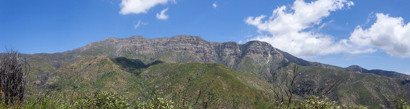 Panorama of the Topa Topa bluffs, Sisar Canyon Road, Ojai, CA, Thomas Fire Survey - Mapping Recovery project