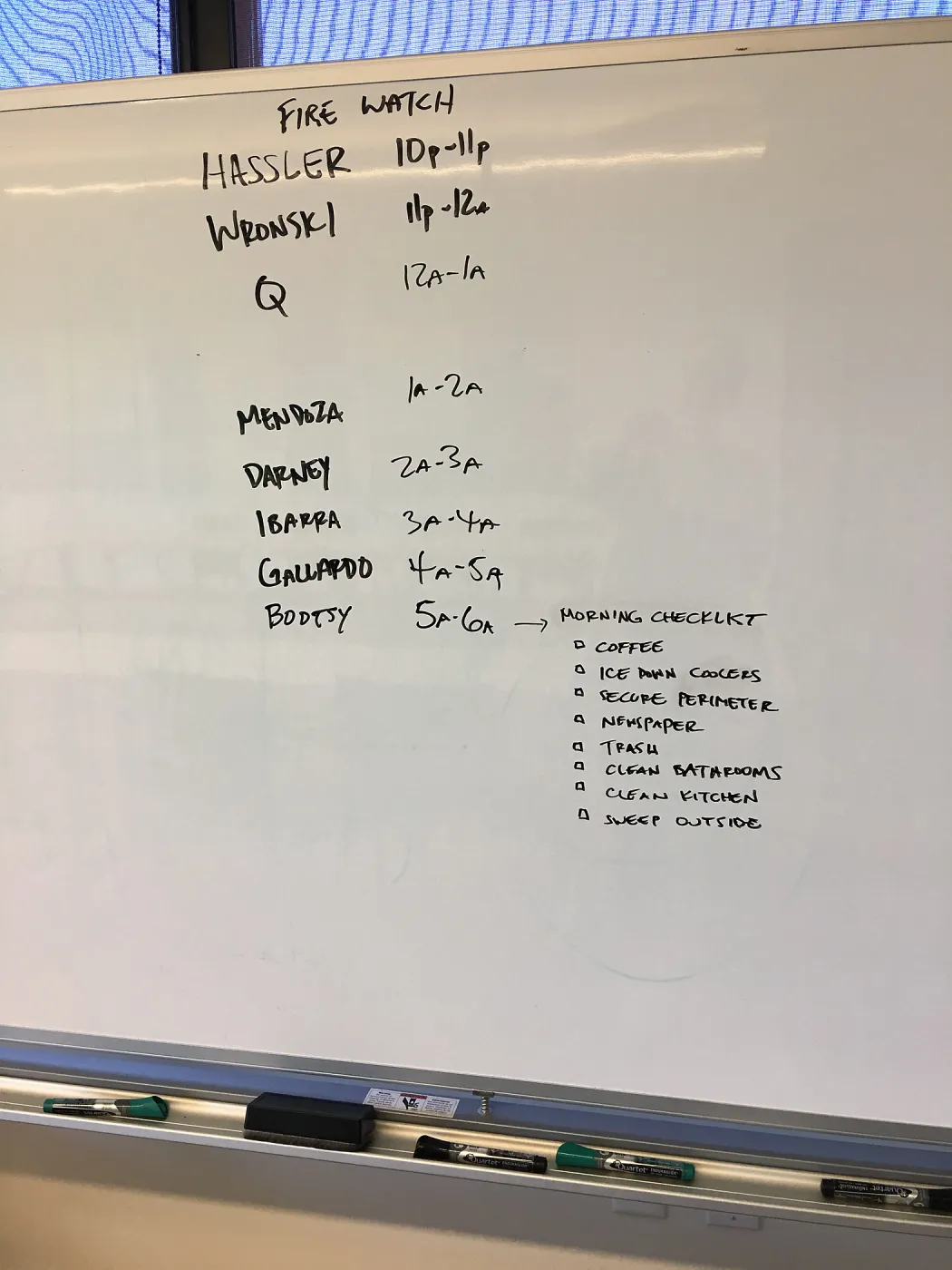 Fire watch roster at the PCC during the Thomas Fire evacuation