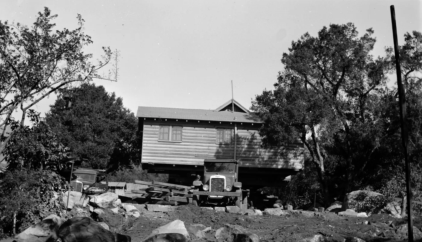 Cottage or historic office being moved for construction of the Blaksley Library