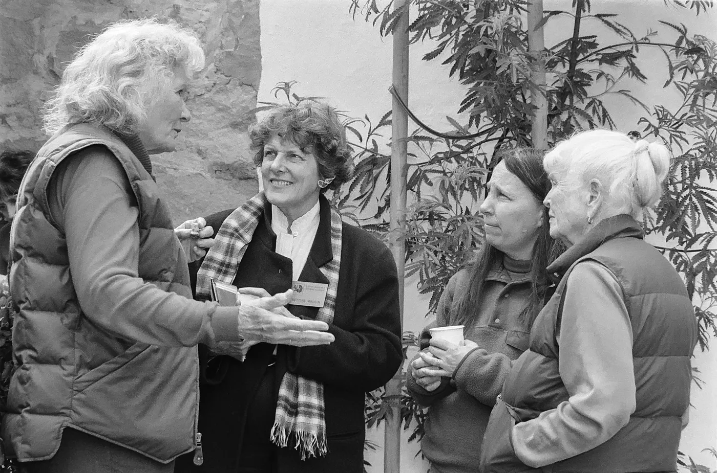 Four women standing outdoors in conversation, two holding cups while another gestures with her hands.
