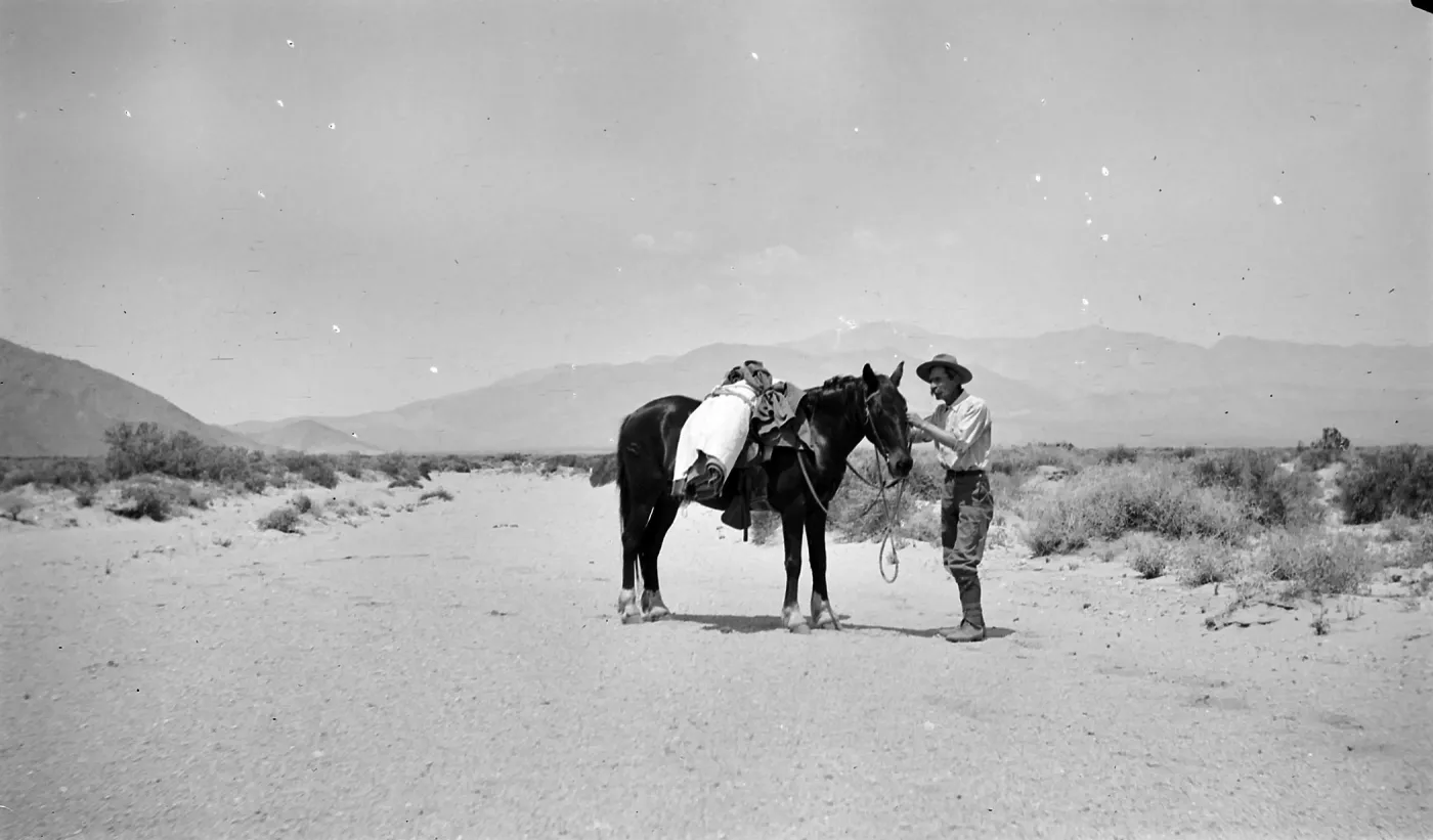Black and white photograph of a man in a hat standing next to a black horse with a white blanket rolled on its back with hills in the distance.