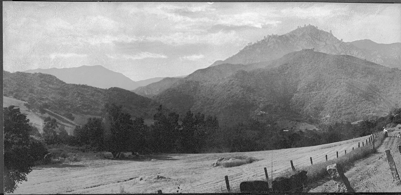 Black and white panorama photograph of a mountain range with a field, fence, and treeline in the foreground