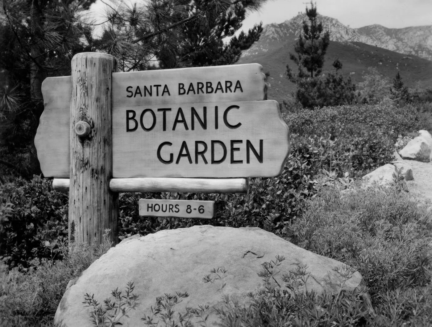 'Santa Barbara Botanic Garden' wood sign at Old Entrance to the Garden, © Josef Muench