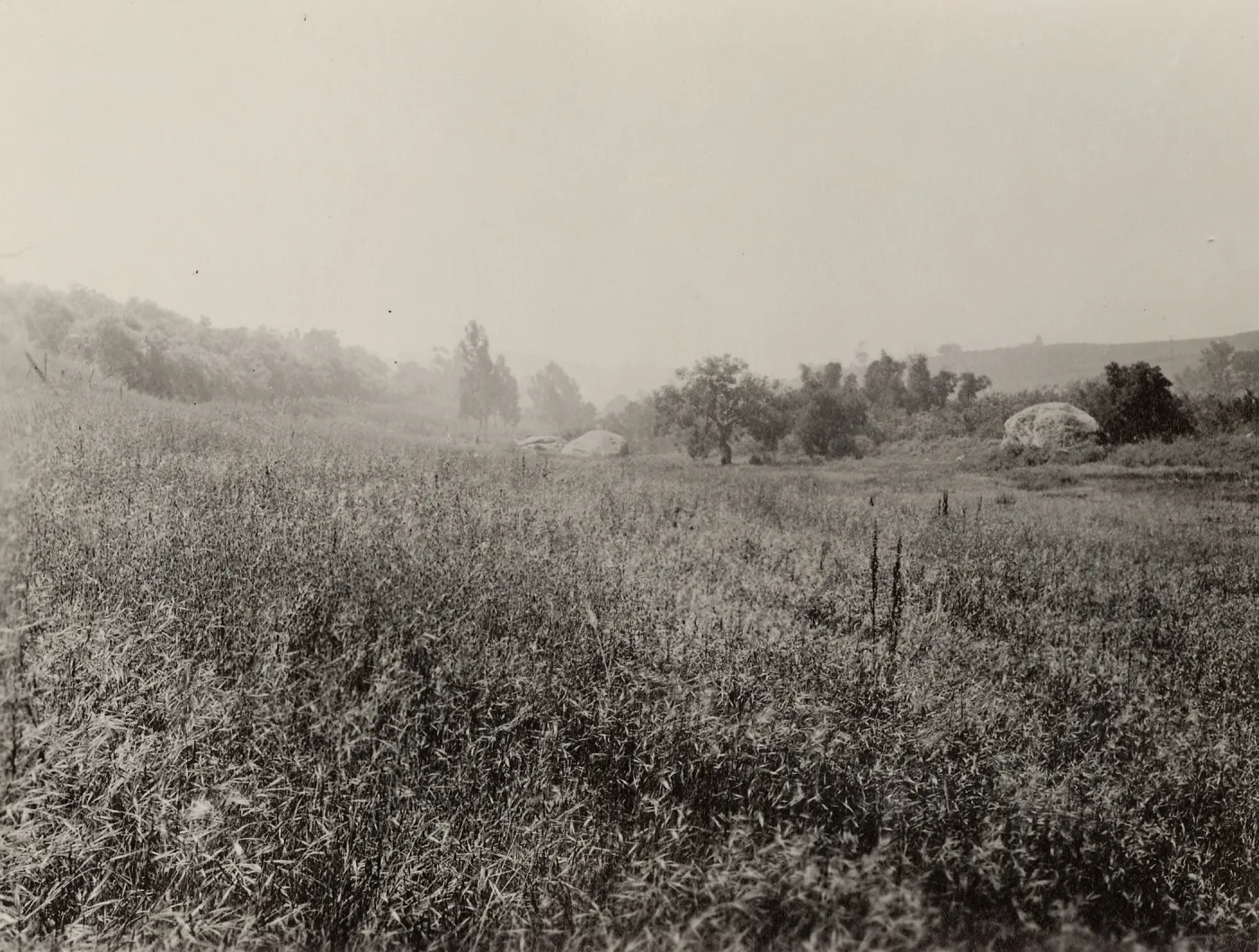 Garden site in Mission Canyon, looking south, to entrance boulders and Blaksley Boulder, circa 1926
