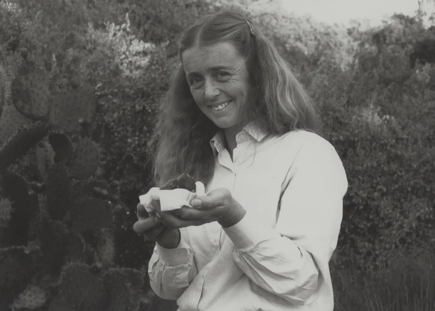 Sally Isaacson shows off a prickly pear