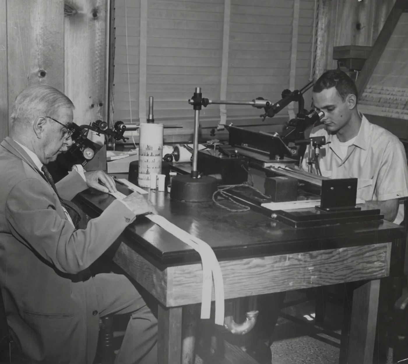 Harold Gladwin and Dennis Breedlove in Tree Ring Laboratory, 1961