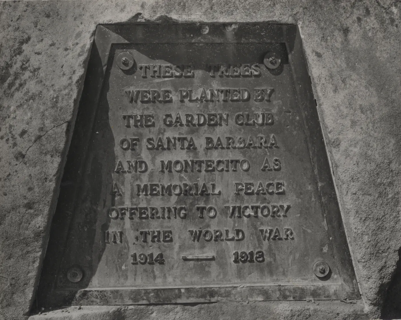 WWI memorial tree planting plaque, San Marcos Pass
