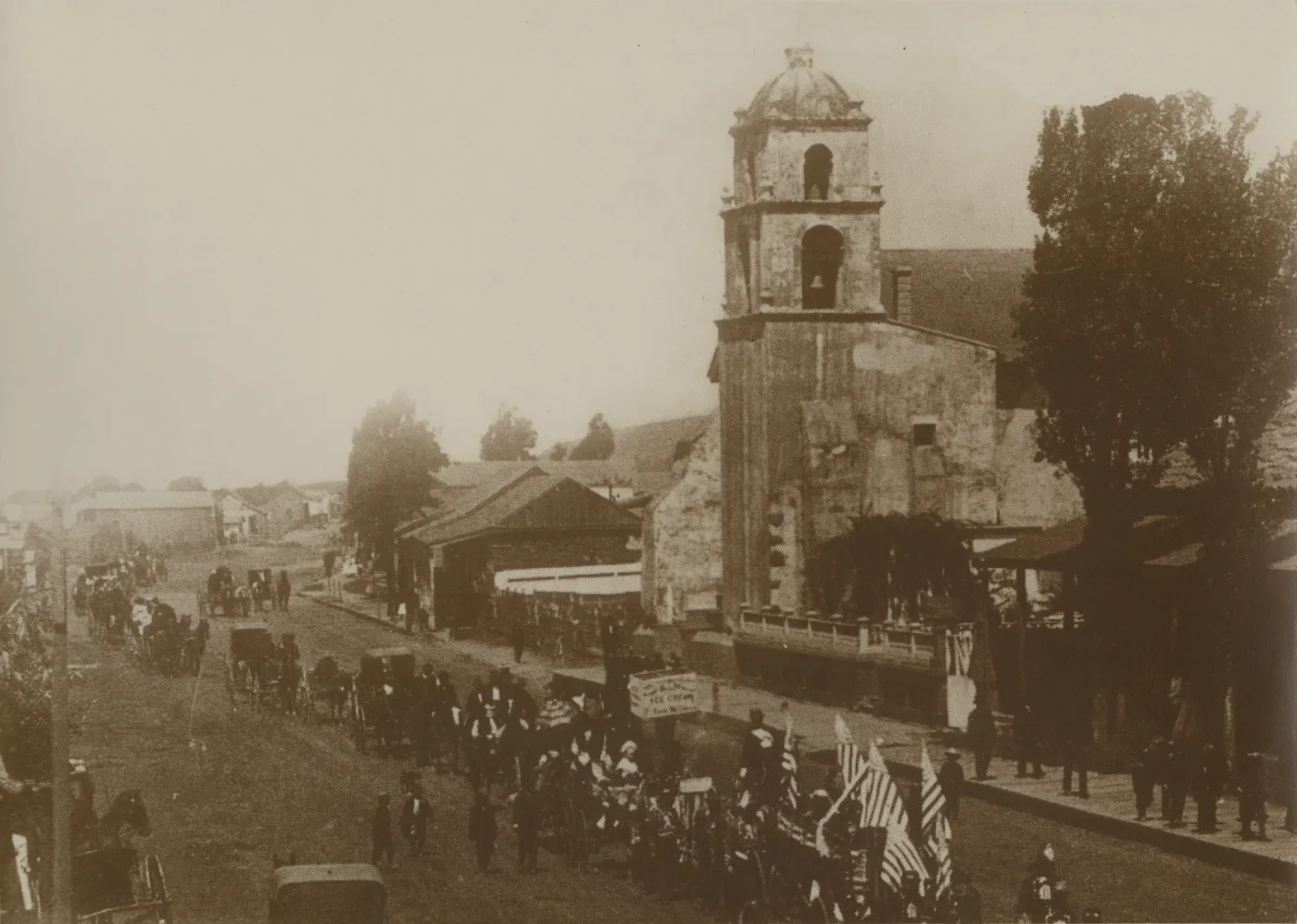 Parade at San Buenaventura Mission , Ventura c. 1870