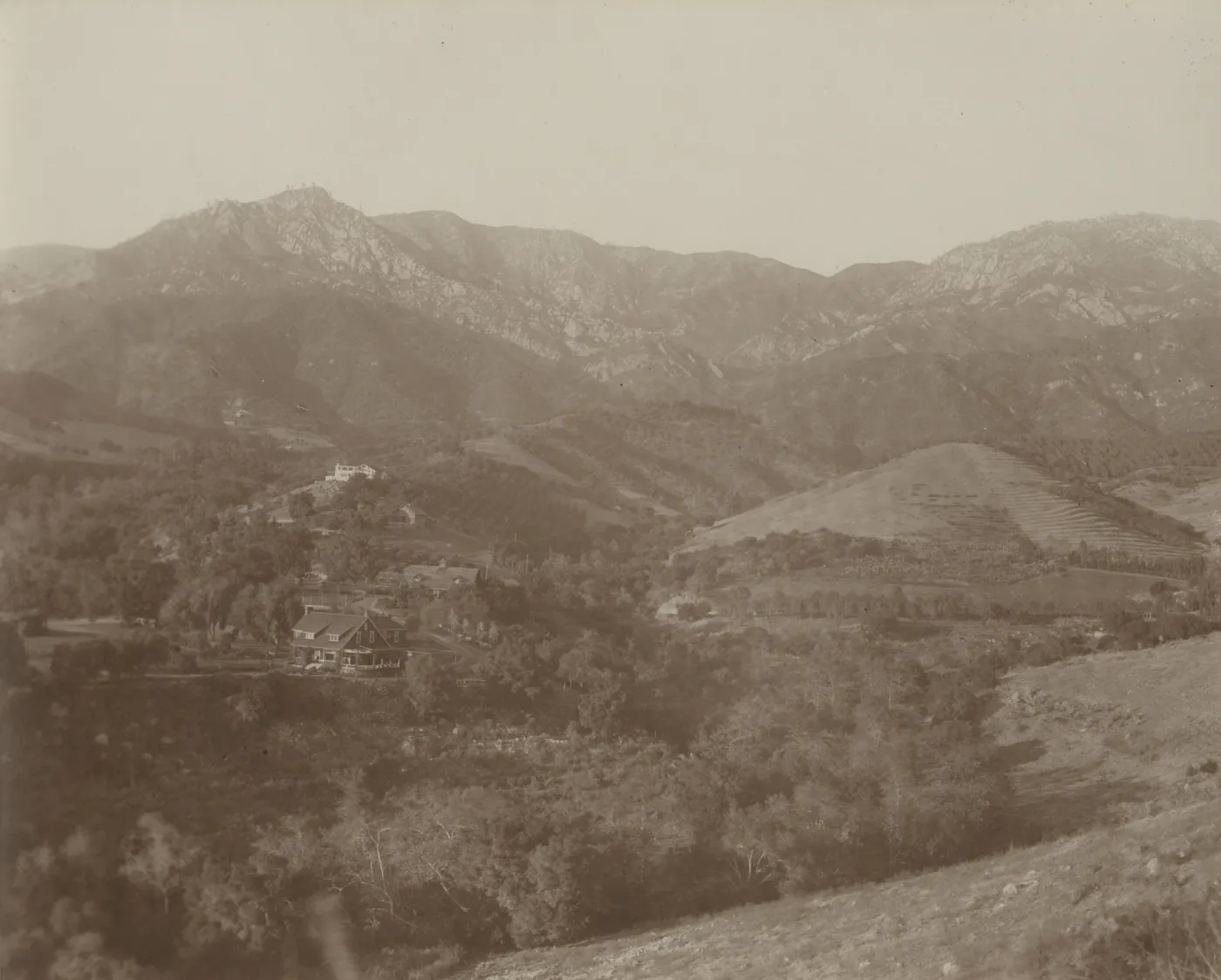 View Towards La Cumbre Peak with houses on Las Canoas and Gane House at SBBG