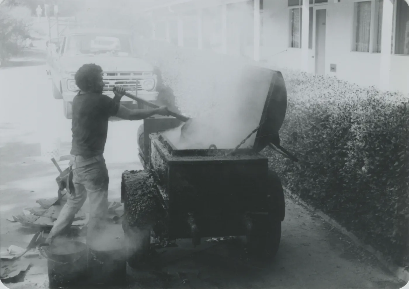 Blaksley Library, mixing tar to re-roof the West Wing annex