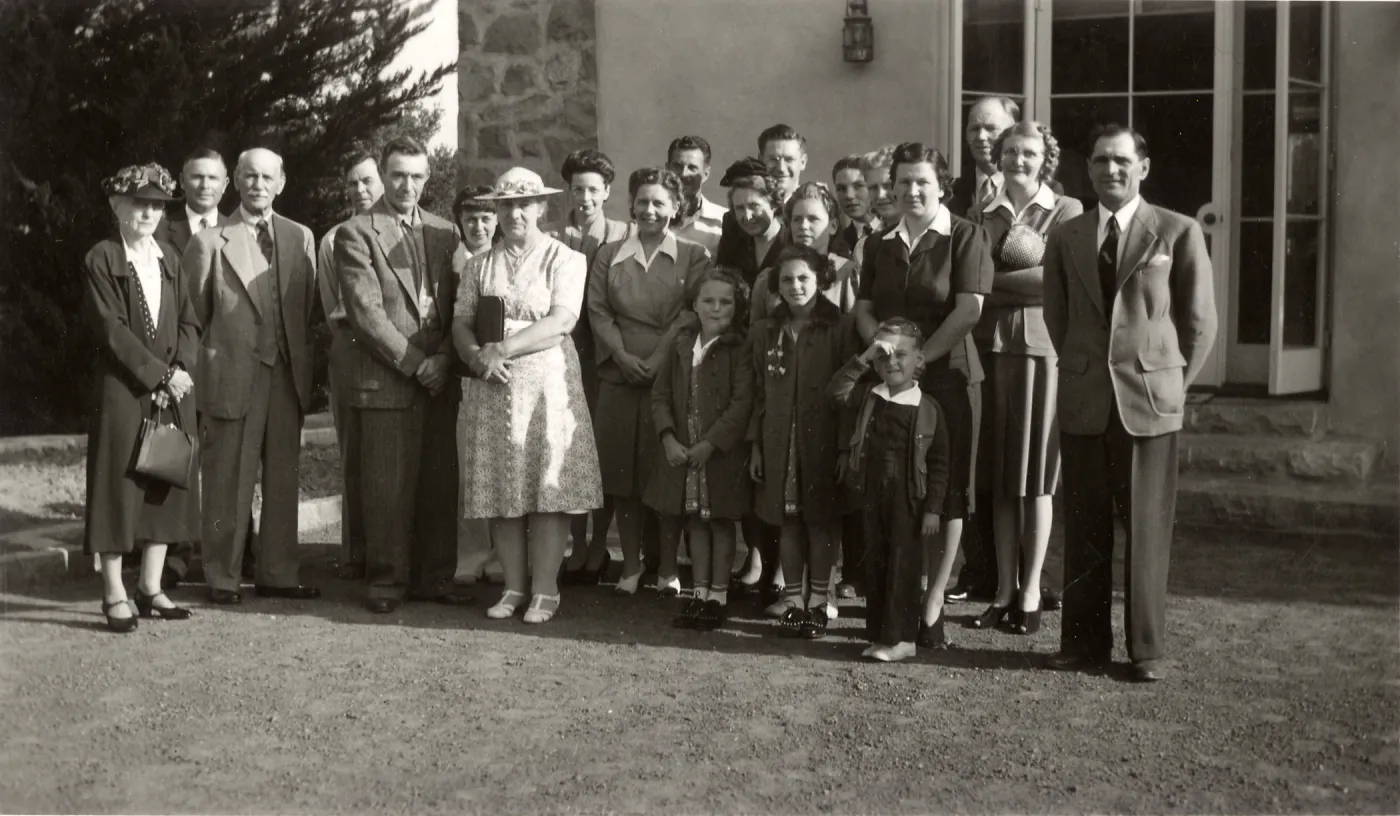 Staff Group Photo- left to right: Mr. & Mrs Doyle (long time helper); 4th from left - Stuart (lath house, green house foreman, lived here); 9th from left - secretary Betty Cross Norland; 11th from left - secretary; 12th from left - Van R; right -John Bart