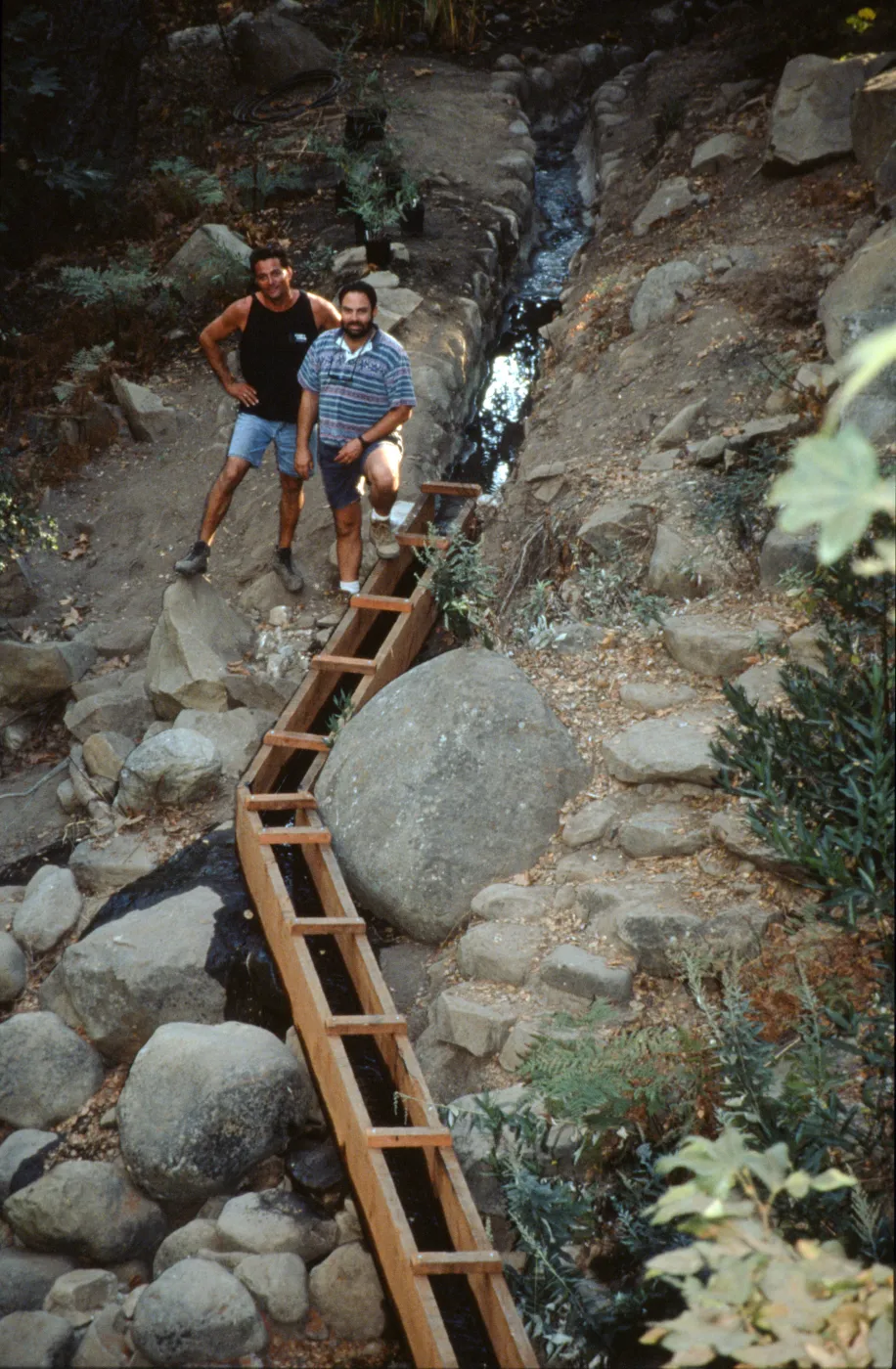 old Mission Aqueduct, construction of the redwood flume, Mission Dam