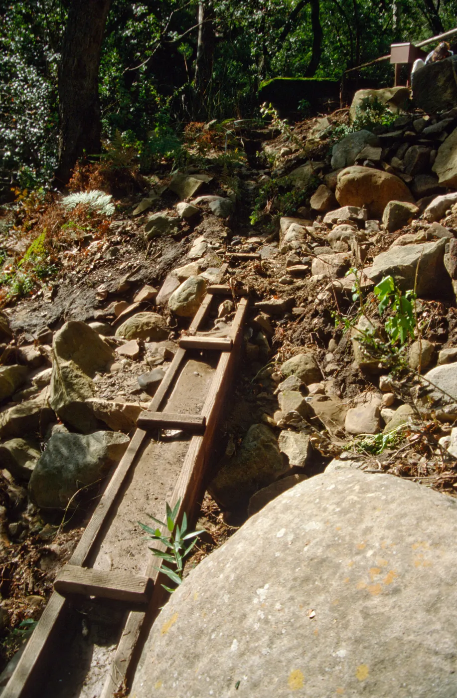 wooden aqueduct filled with silt after flood event, below Mission Dam