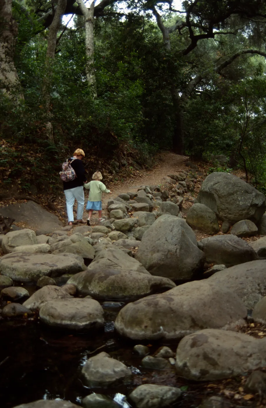 family crossing Mission Creek on boulders at creek crossing