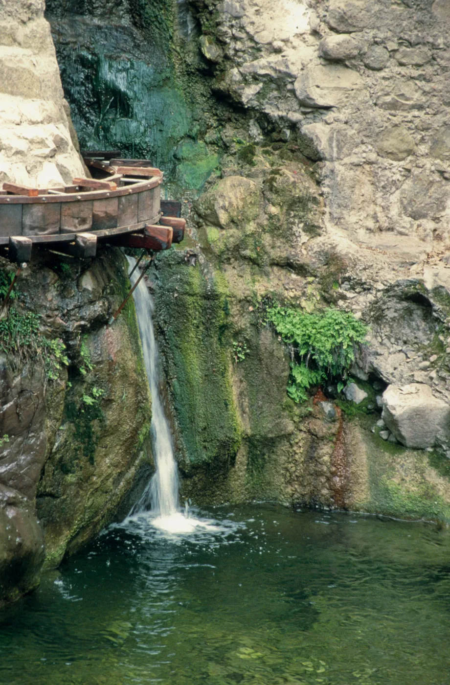 Mission Creek waterfall and wooden aqueduct below Mission Dam