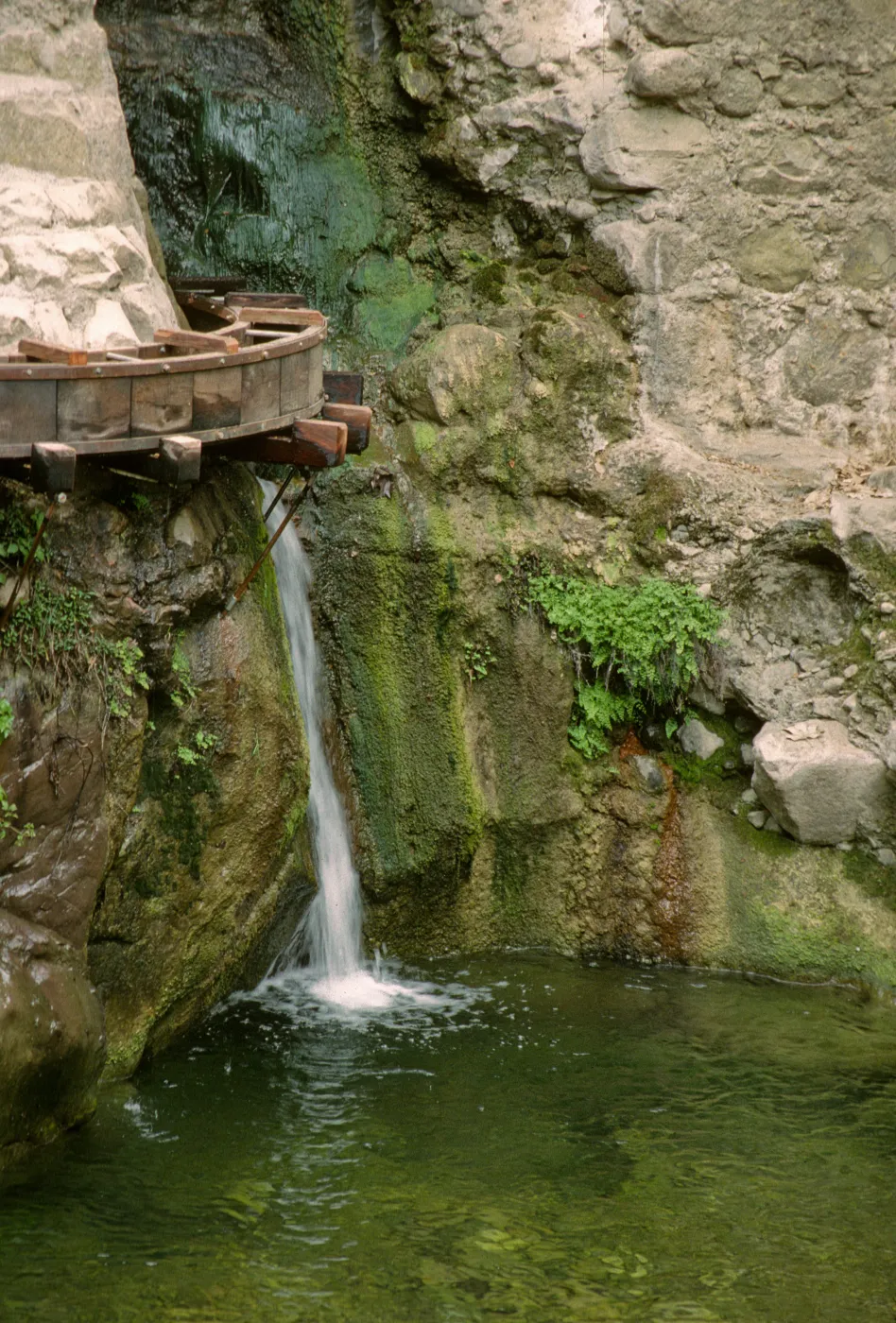 Waterfall and wooden aqueduct under Mission Dam