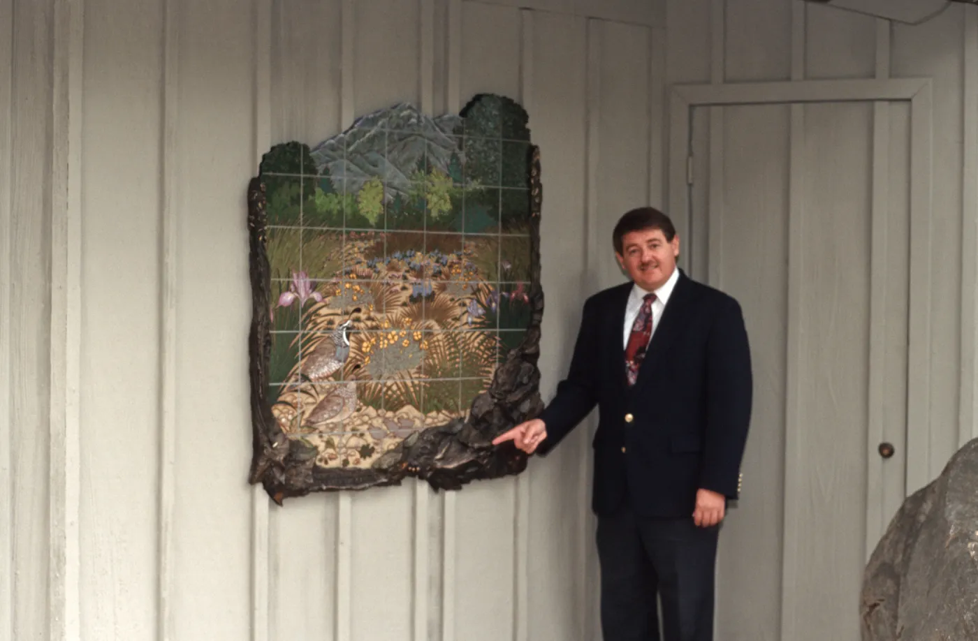 Ed Schneider with new Information Kiosk Memorial Tile Mosaic